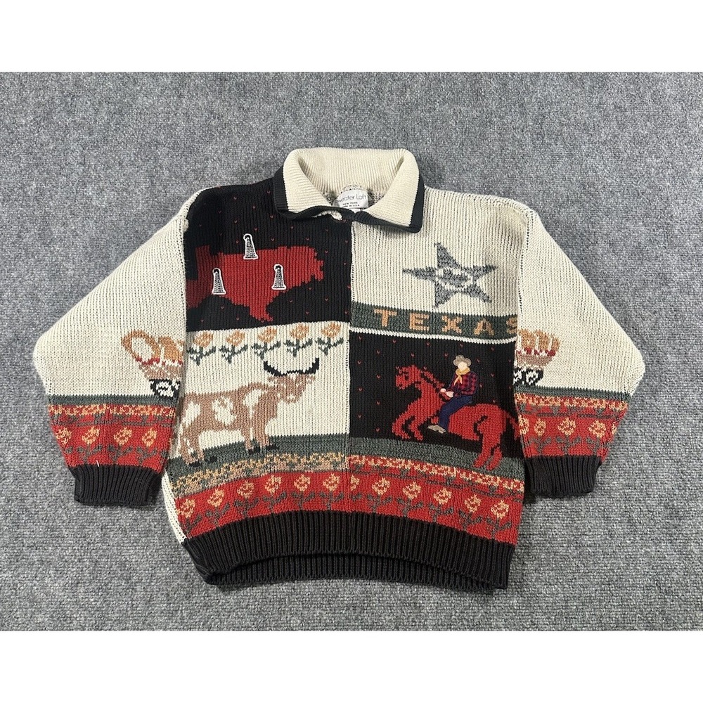 Vtg 90s Sweater Loft Texas Cowboy Knit Collard Sweater Womens Size S USA